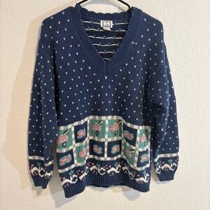 Vintage Knit Sweater by 62 East, Navy & White with Floral Detail, Size Medium